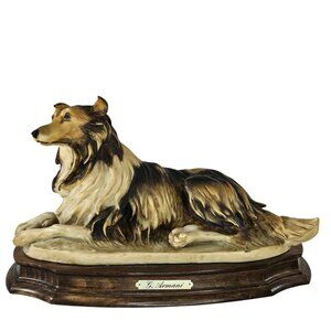 Giuseppe Armani Collie Dog Figurine On Wooden Base Florence Italy Sculpture